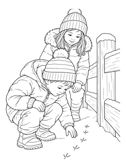 Two kids inspect tiny tracks in this snowy day coloring page beside a wooden fence.
