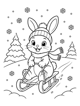 A cheerful bunny rides a sled on this snowy day coloring page surrounded by pine trees.