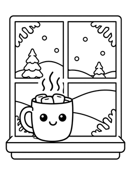 A snowy day coloring page showing a cute mug of hot cocoa sitting by a winter window.