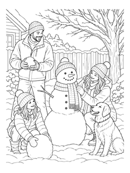 A cheerful family and dog on a snowy day coloring page building a snowman.