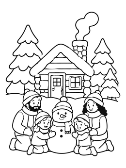Free printable Family Building A Snowman By The Cabin coloring page