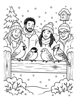 A smiling family watches songbirds perched on a fence in this snowy day coloring page.