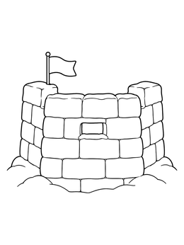 A sturdy snow fort with a peephole and flag on this snowy day coloring page.