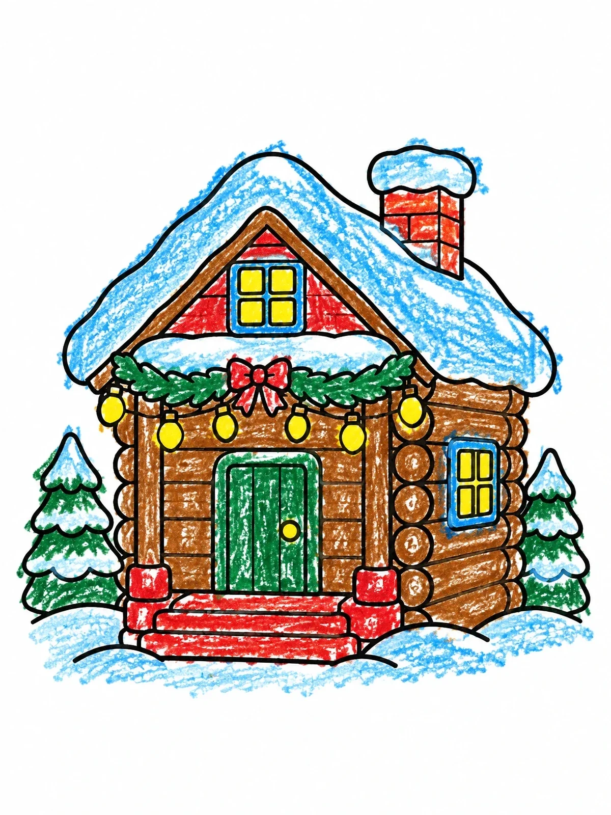 Colored example of the Cozy Snowy Holiday Log Cabin coloring page