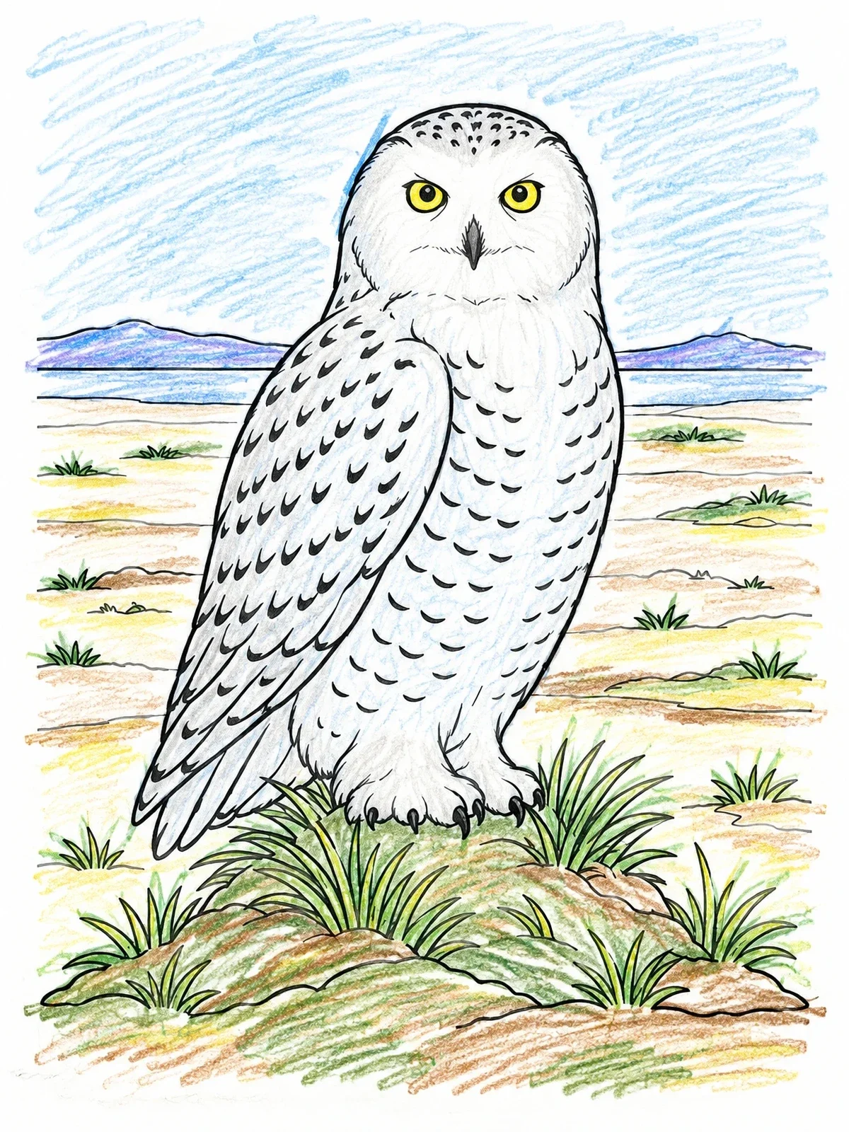 Colored example of the Snowy Owl On Arctic Tundra Mound coloring page