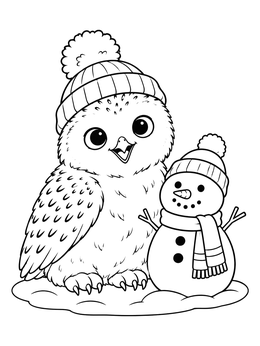A cute snowy owl coloring page showing a baby owl in a winter hat beside a snowman.