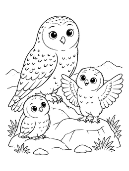 Free printable Snowy Owl Family On The Rocks coloring page