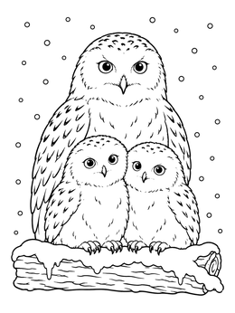 An adult and two chicks in this snowy owl coloring page on a snow-covered log.