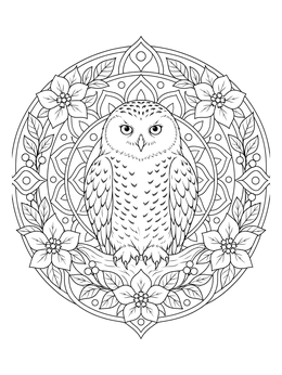 A detailed snowy owl coloring page framed by an intricate floral mandala.