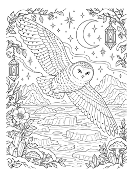 Detailed snowy owl coloring page showing a majestic bird flying above arctic ice under the moon.