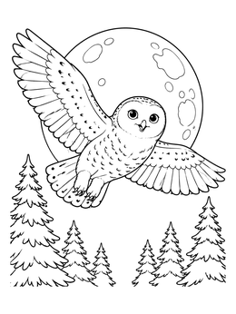 Free printable Snowy Owl Gliding Under The Moon coloring page