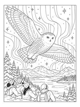 A snowy owl flies over mountains in this northern lights coloring page.
