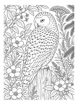 Detailed snowy owl coloring page perched on a wooden post surrounded by wild plants.