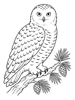 Detailed snowy owl coloring page showing the majestic bird perched on a pine branch with cones.