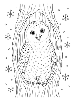 A fluffy snowy owl coloring page showing a young owl inside a hollow tree trunk with falling snowflakes.