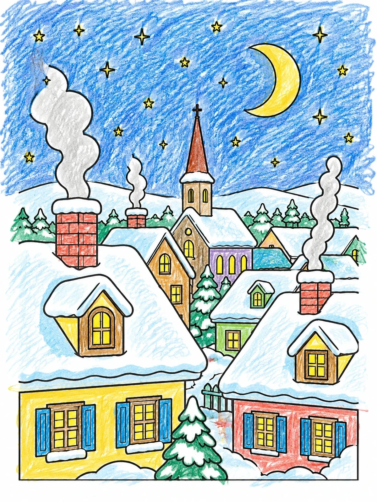 Colored example of the Winter Village Under Crescent Moon coloring page