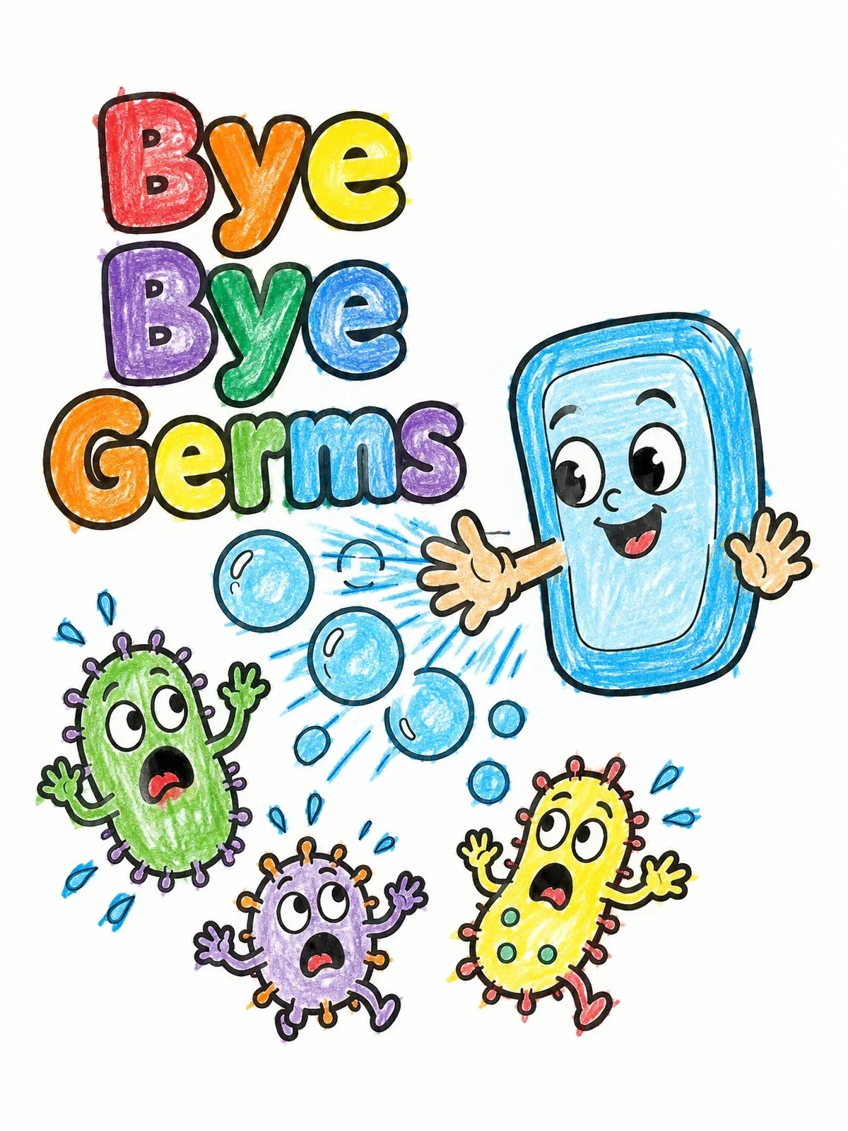 Colored example of the Friendly Soap Chasing Away Germs coloring page