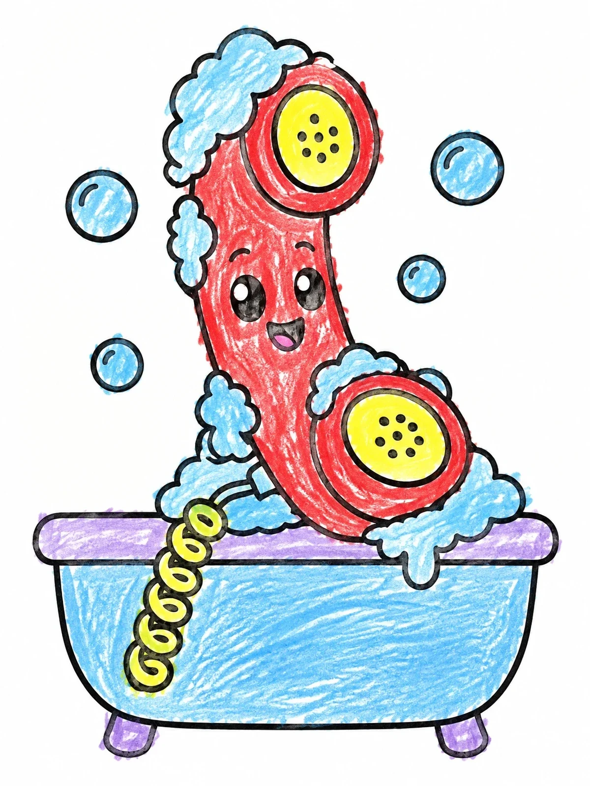 Colored example of the Cute Retro Telephone In Bubble Bath coloring page