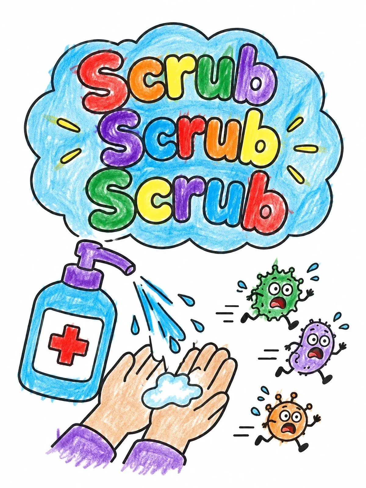Colored example of the Washing Hands To Chase Away Germs coloring page