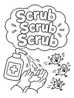 A soap dispenser washing hands as microbes flee on this germ coloring page.