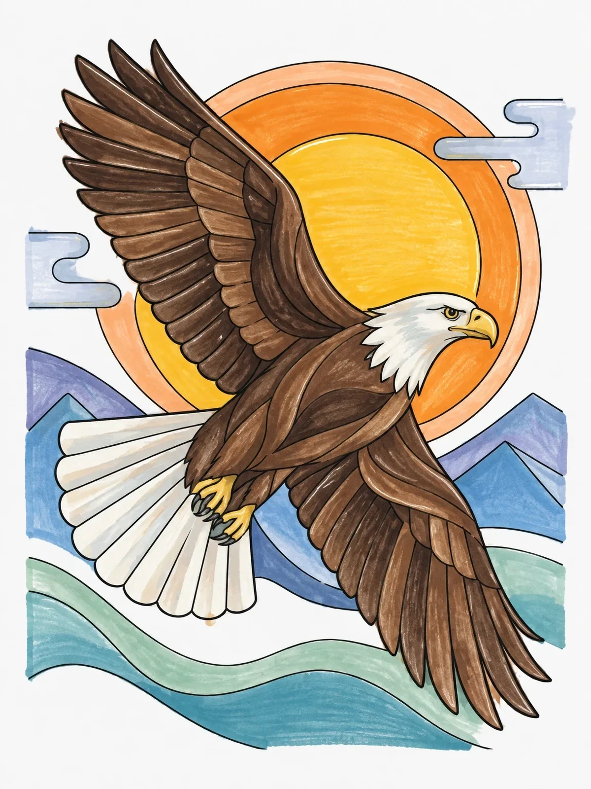 Colored example of the Soaring Bald Eagle In Flight coloring page