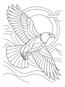 A detailed bald eagle coloring page soaring before the sun and mountains.