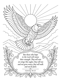 An inspiring isaiah coloring page showing a majestic eagle soaring above mountains and scripture.
