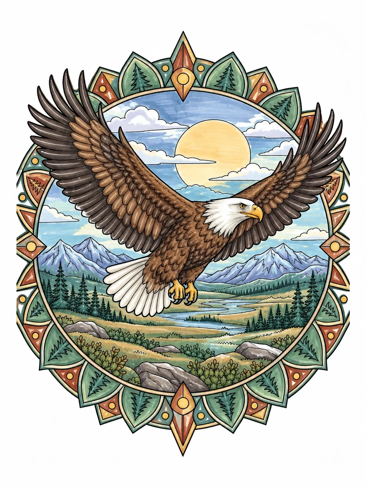 Colored example of the Soaring Eagle In Mandala Frame coloring page