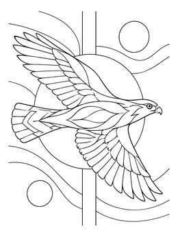 A stylized hawk coloring page featuring a bird in flight against geometric background patterns.
