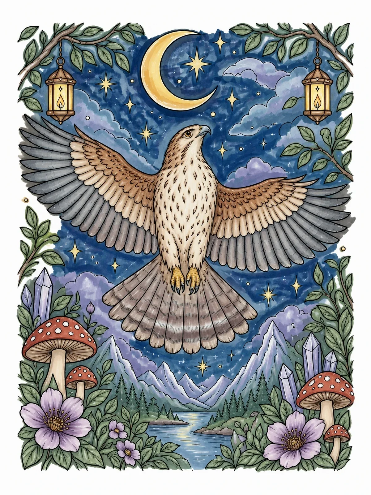 Colored example of the Soaring Hawk In Mystical Night Sky coloring page