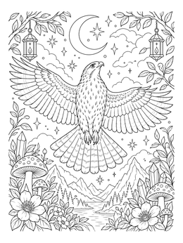 A detailed hawk coloring page featuring a flying bird above mountains under a crescent moon.