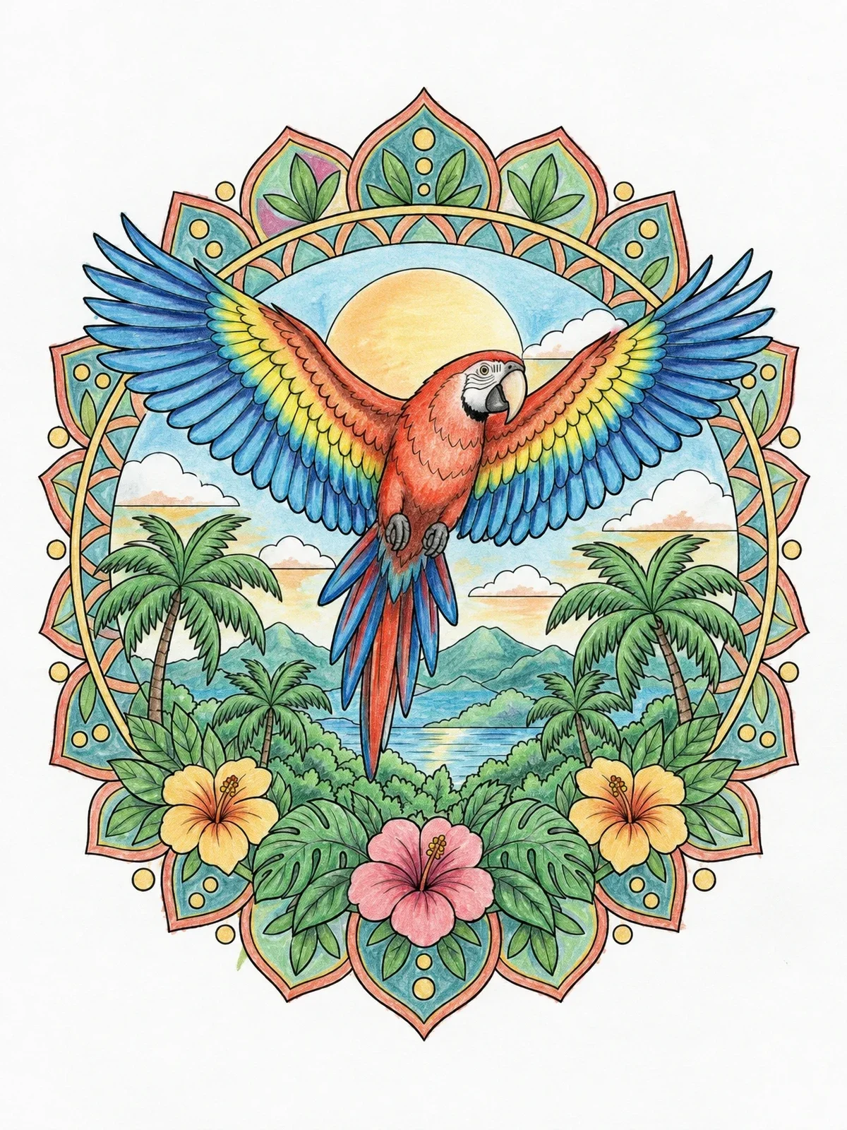 Colored example of the Soaring Macaw Tropical Mandala coloring page