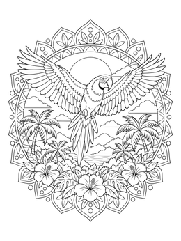 A detailed tropical coloring page featuring a flying macaw above palm trees framed by a mandala.