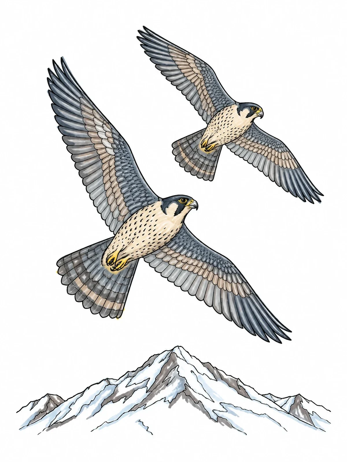 Colored example of the Pair Of Soaring Peregrine Falcons coloring page