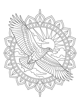 A detailed turkey vulture coloring page soaring in flight framed by a circular sun mandala.