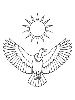 A symmetrical vulture coloring page showing a bird gliding beneath a stylized sun.