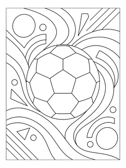 Geometric soccer ball coloring page surrounded by abstract flowing shapes.