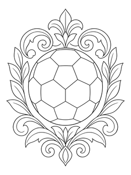 Classic soccer coloring page featuring an ornate baroque crest with a football and leaves.