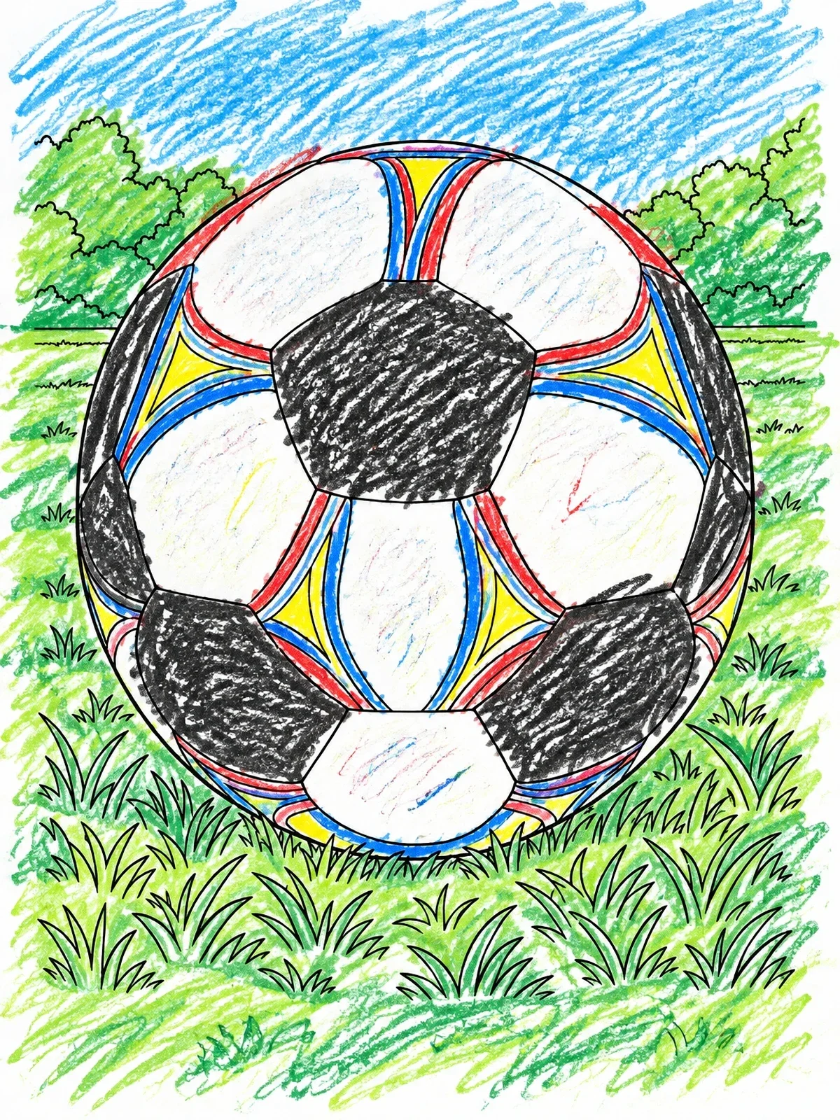 Colored example of the Soccer Ball On Green Grass coloring page
