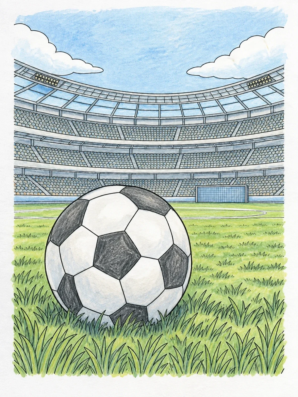 Colored example of the Soccer Ball In Grand Stadium coloring page
