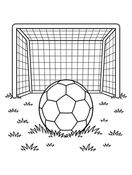 A detailed soccer ball coloring page resting on the grass in front of an empty goal net.