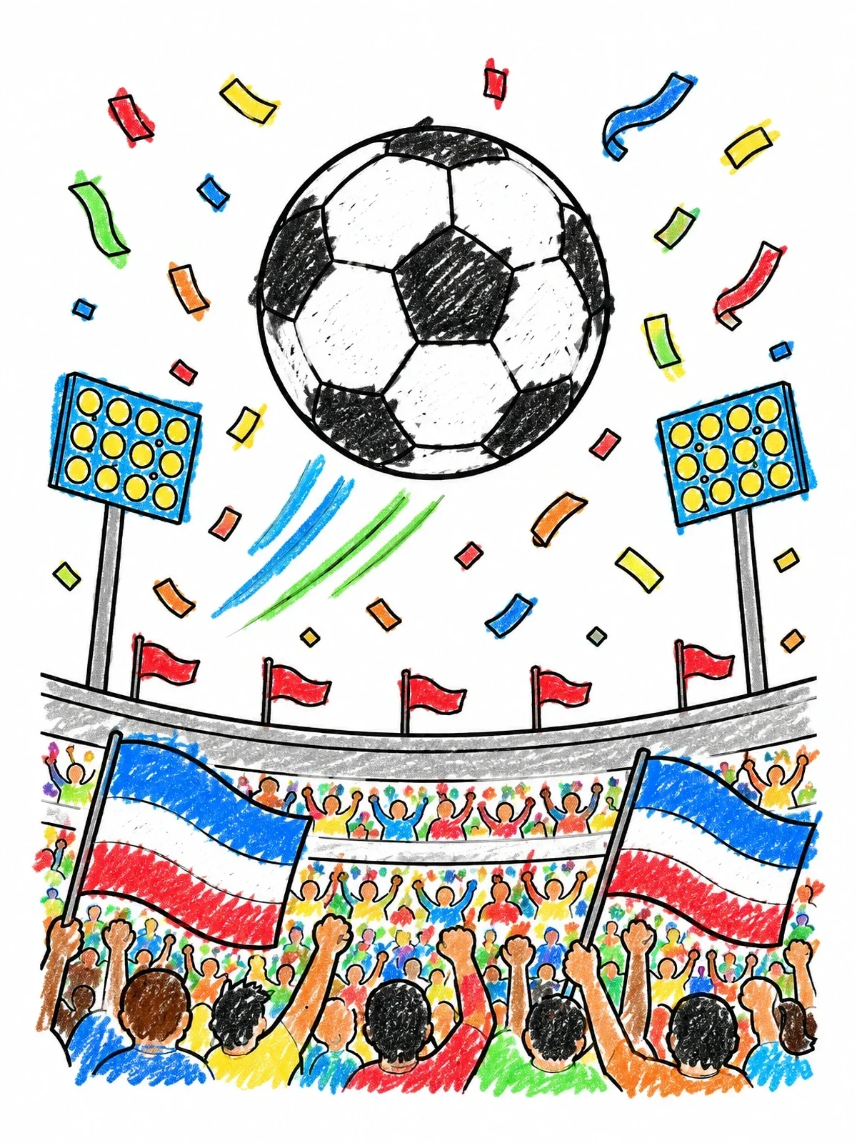 Colored example of the Soccer Ball Soaring Over Stadium Crowd coloring page