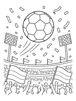 A soccer ball coloring page showing a huge ball flying over stadium lights, confetti, and cheering fans.