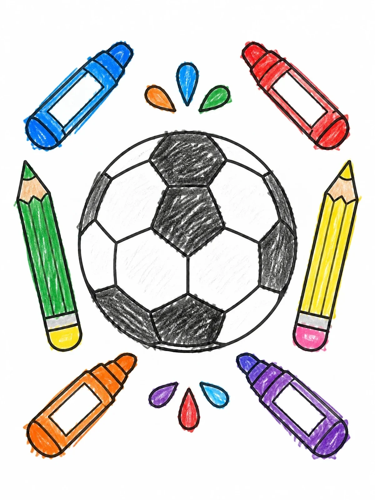 Colored example of the Soccer Ball With Pencils And Markers coloring page
