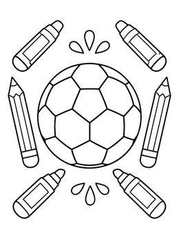 A soccer ball coloring page framed by drawing pencils, markers, and paint drops.