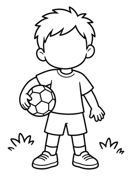 A young boy holding a soccer ball on this blank faces coloring page.