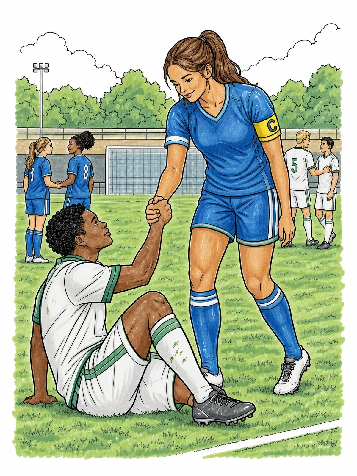 Colored example of the Soccer Team Captain Showing Sportsmanship coloring page
