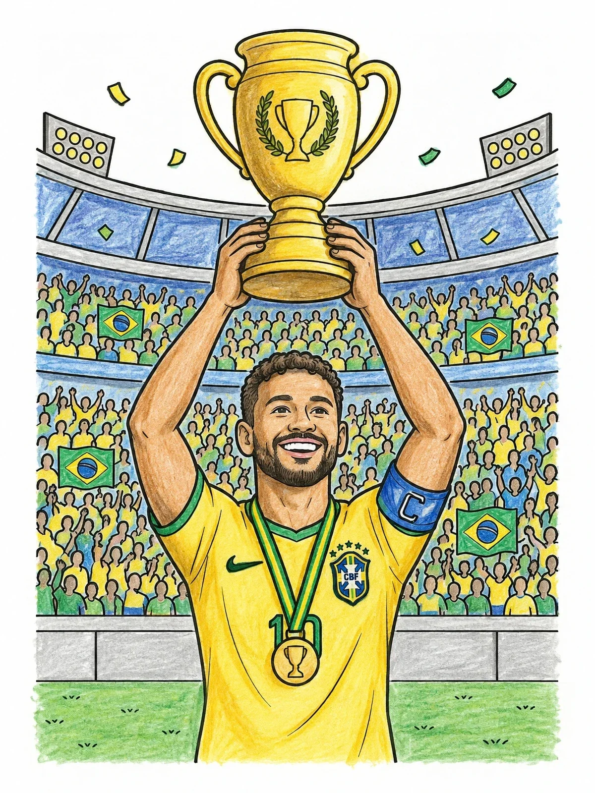 Colored example of the Soccer Champion Lifting The Trophy coloring page
