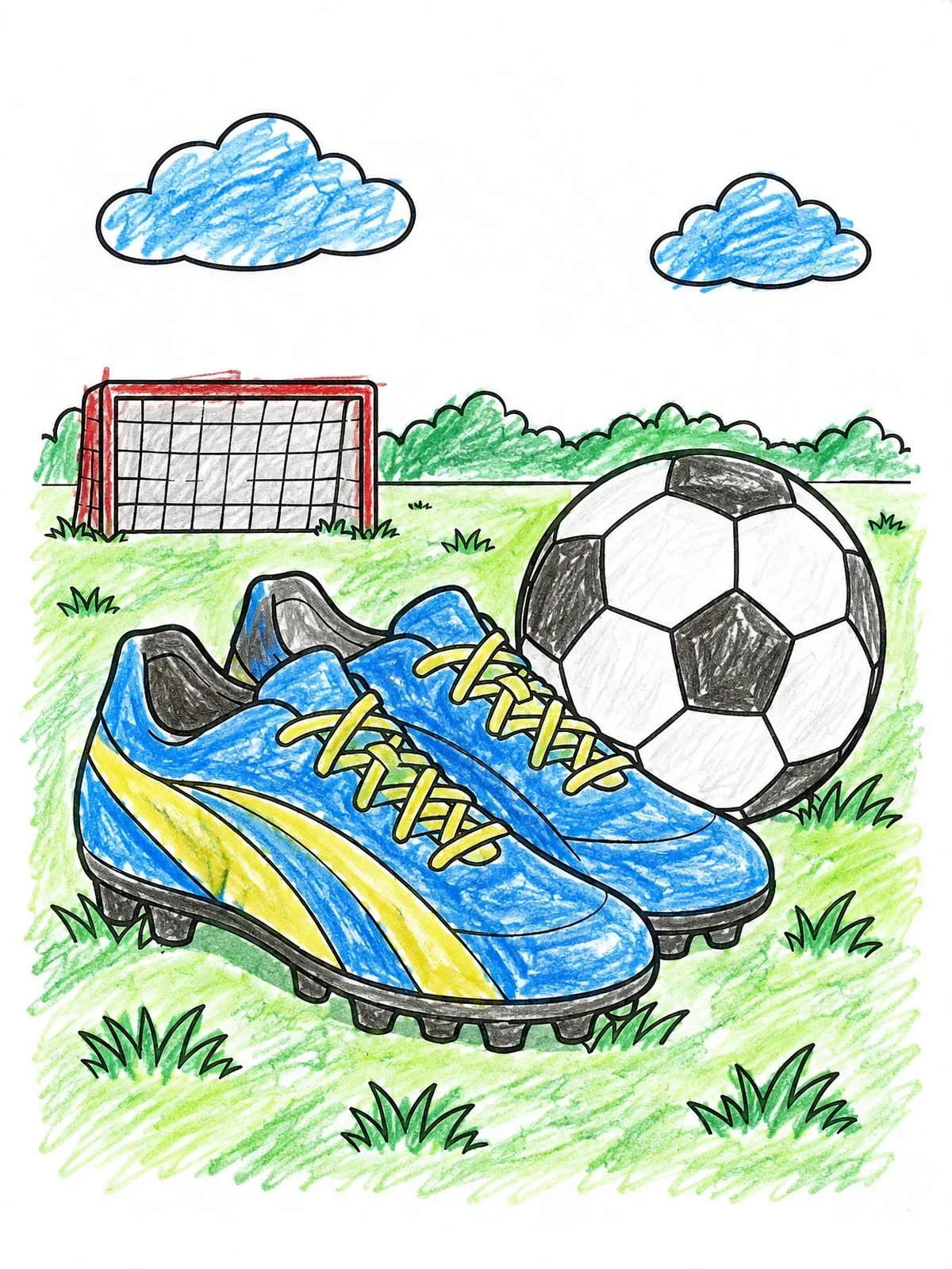 Colored example of the Soccer Cleats And Ball On Field coloring page