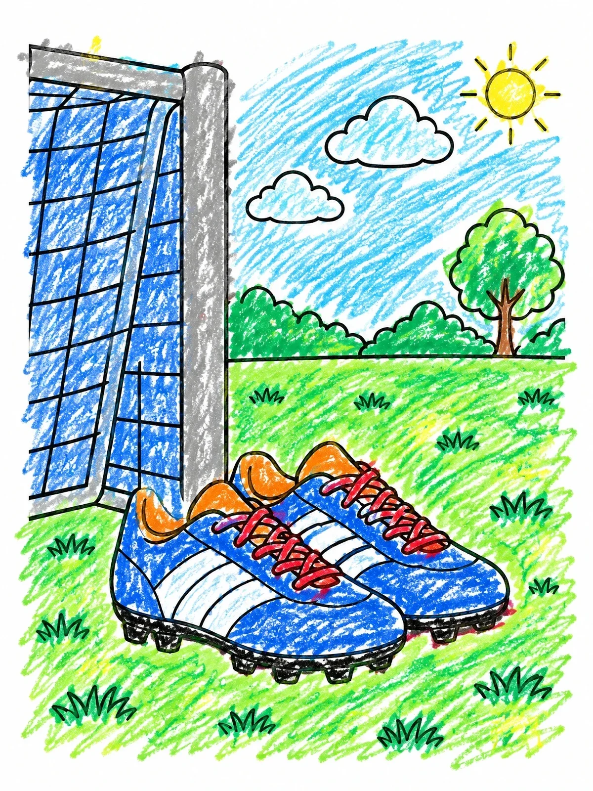 Colored example of the Soccer Cleats By The Goalpost coloring page